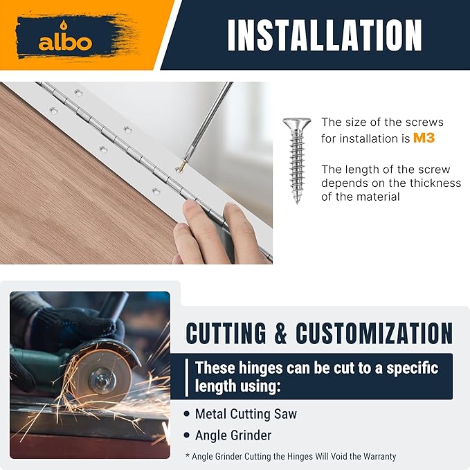 ALBO 20 Inch Silver Heavy Duty Piano Hinge Continuous Stainless Steel 304 (2-Pack), Surface Mount Cabinet Hinges Silver 20"x2" for Counter Flap, Workshop Storage, Toy Chest & File Cabinet