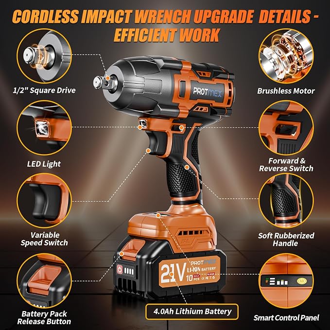 Cordless Impact Wrench, 900Ft-lbs (1200N.m) 1/2" Brushless Impact Gun, 21V High Torque Power Impact Driver, 2x4.0Ah Batteries Electric Impact Motor Variable Speeds for Car/Pickup Truck/Mower