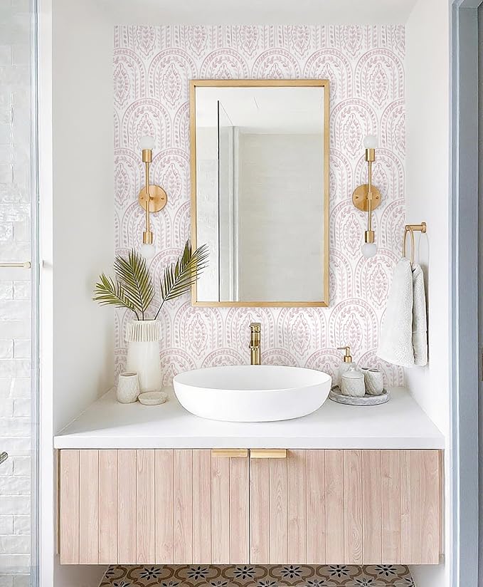 EeeComing Pink Peel and Stick Wallpaper Boho Wall Paper Peel and Stick Modern Contact Paper Self Adhesive Wallpaper for Bedroom and Bathroom Removable Cabinet Shelf Liner Vinyl 17.3”X118.1”