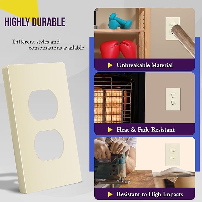 ENERLITES Screwless Duplex Wall Plate, Child Safe Receptacle Outlet Cover, Standard Size, 1-Gang 4.68" x 2.93", Unbreakable Polycarbonate Thermoplastic, UL Listed, SI8821-LA, Glossy, Light Almond