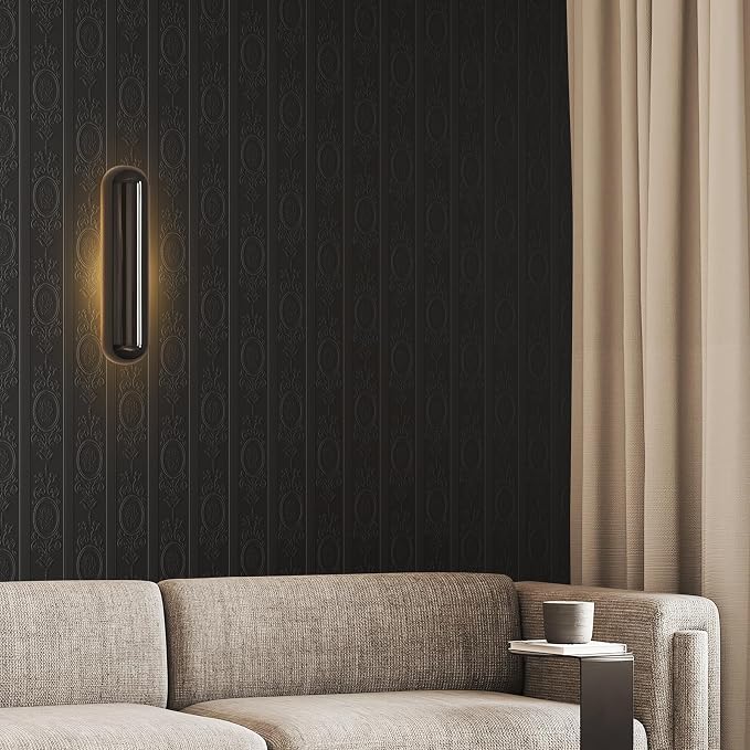 Black 3D Embossed Textured Peel Stick Wallpaper 17.3"x800" | Removable Renter Friendly Contact Paper, Waterproof Self Adhesive Wallpaper for Bedroom, Bathroom, Decor,96 sq.