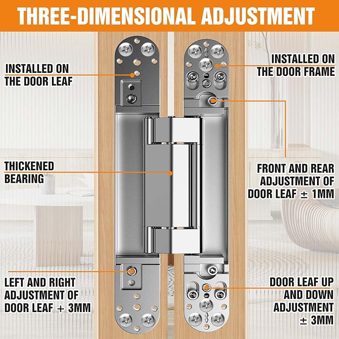 9.7" Hidden Door Hinge/Concealed Hinges,Invisible Hinges,Invisible Door Silent 180 Degree Swing Hinge 3-Way Adjustable Butt 9.7 x 3.3 x 1inch (Silvery, 9.7 inches)