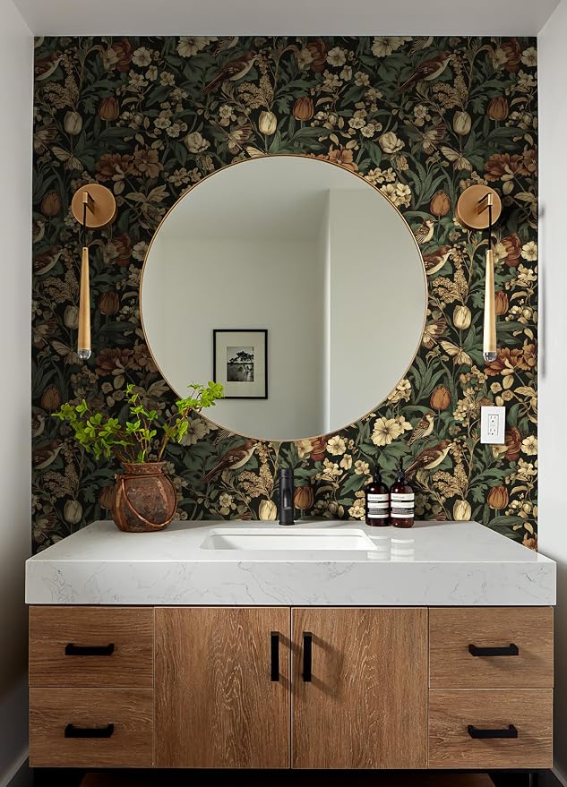 Erfoni 17.3" x197" Retro Floral and Bird Contact Paper Vintage Peel and Stick Wallpaper for Bedroom Decorative Self Adhesive Wall Paper Boho Floral Leaf Removable Wallpaper for Accent Wall Covering