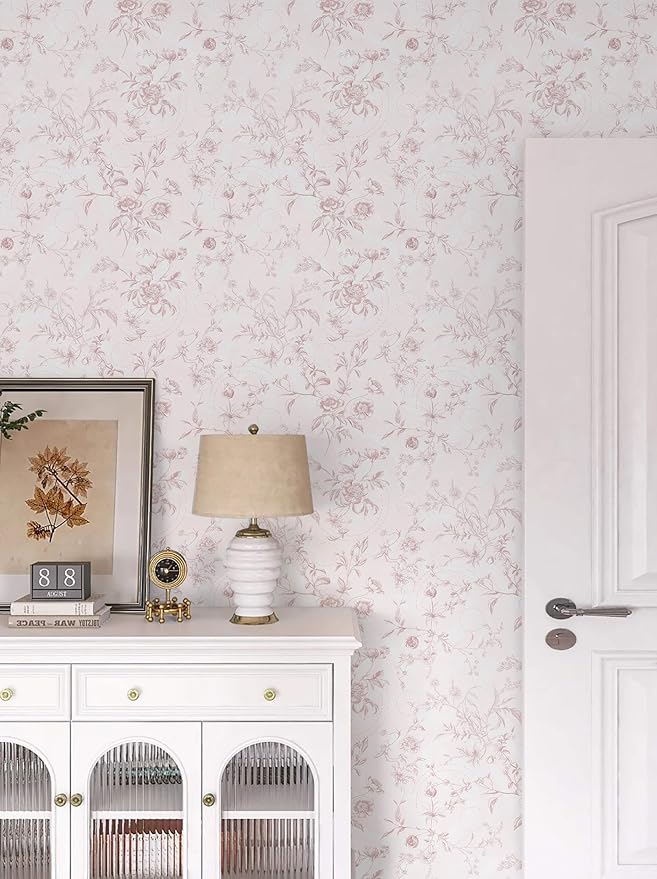 Ismoon Floral Wallpaper Peel and Stick Pink Stick on Wall Paper Vintage French Contact Paper for Cabinet Textured Removable Self Adhesive Wallpaper Vinyl Roll Shelf Deco, 17.3x393in