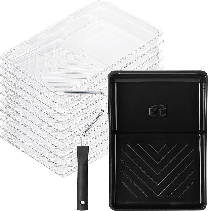 Bates- 6 Inch Paint Roller Tray Set, 12 pcs, 6 Inch Paint Tray Kit, 1x Black Plastic Paint Tray, 10x Transparent Liners & 1x 4 Roller Frame