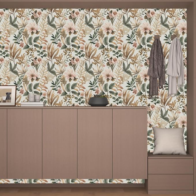 Vintage Pink Green Gold Floral Botanical Wallpaper 17.5''x393'' | Self Adhesive/Removable/Waterproof/Thick Vinyl Contact Paper for Bathroom Bedroom Shelf Cabinet Drawer,Prepasted,Easy Peel