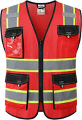 JKSafety Hi Vis Reflective Safety Vests for Men Women High Visibility Vest with Pockets Mesh Fabric Construction Safety Apparel Neon Vest for Work (220-Red L)