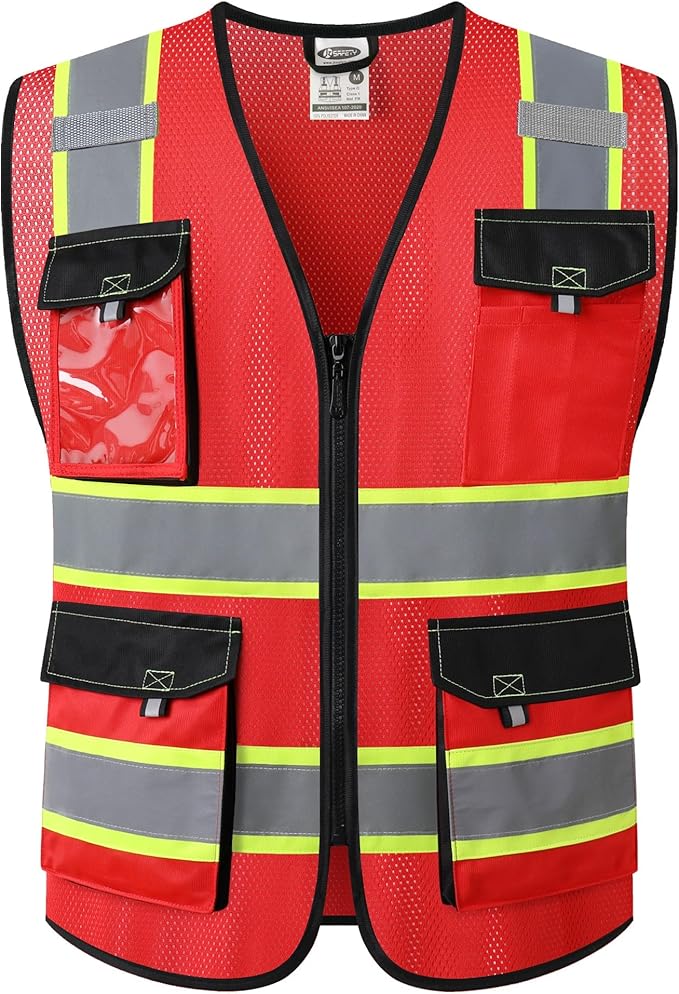 JKSafety Hi Vis Reflective Safety Vests for Men Women High Visibility Vest with Pockets Mesh Fabric Construction Safety Apparel Neon Vest for Work (220-Red L)