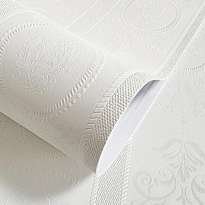 White 3D Embossed Textured Peel Stick Wallpaper 17.3"x1200" | Removable Renter Friendly Contact Paper, Waterproof Self Adhesive Wallpaper for Bedroom, Bathroom, Decor,144 sq.