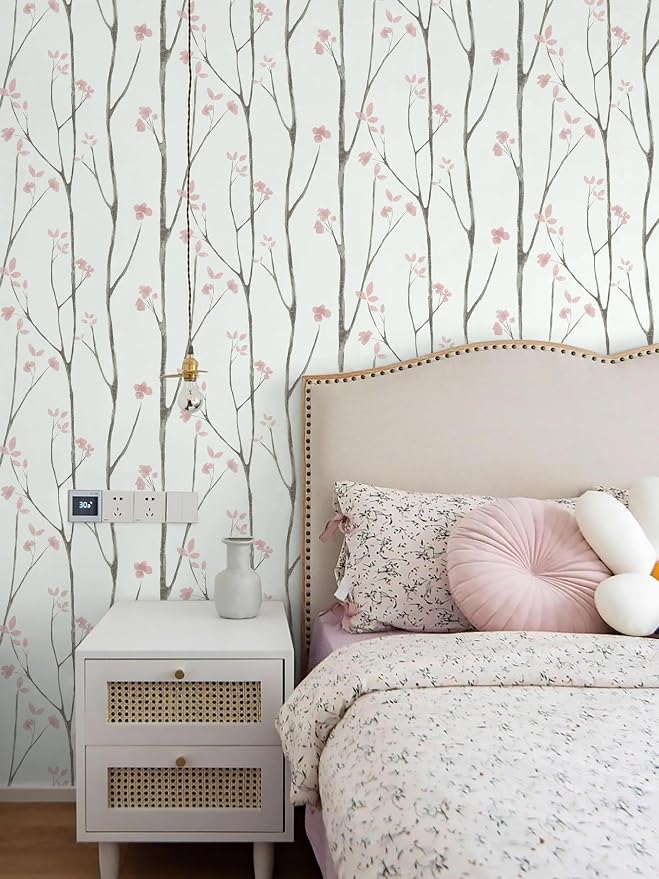 Timeet 197"x16" Floral Wallpaper Peel and Stick Wallpaper White and Pink Wallpaper Boho Self Adhesive Removable Wallpaper for Living Room Bedroom Bathroom Decor