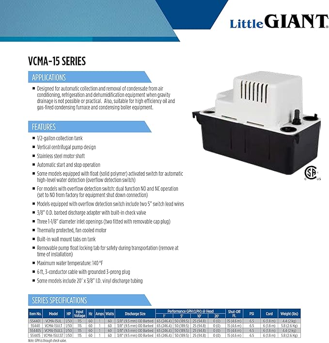 Little Giant VCMA-15ULT 115 Volt, 65 GPH, 1/50 HP Automatic Condensate Removal Pump with Tubing (no safety switch), Black/White, 554411