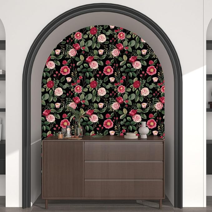 Vintage Pink Floral Peel and Stick Wallpaper 17.5" × 118" | Self Adhesive/Removable/Waterproof/Thick Vinyl Contact Paper for Bathroom Bedroom Shelf Cabinet Drawer,Prepasted,Easy Peel