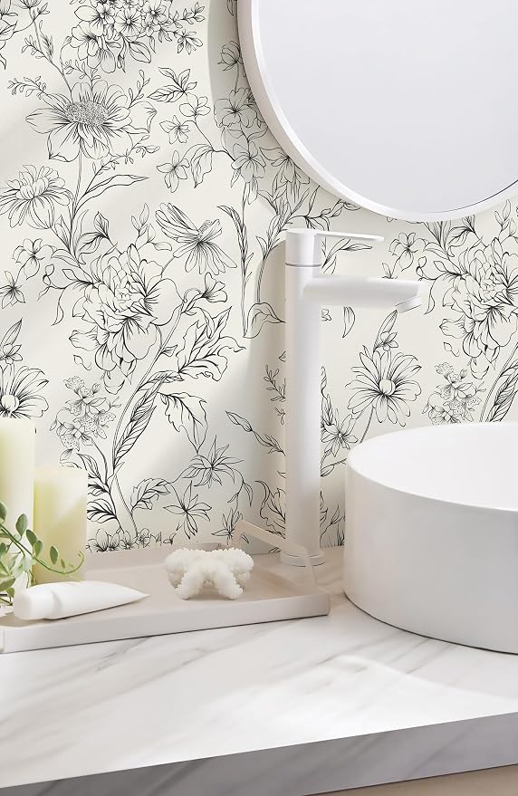 Hopepak 17.3''x394'' Black and Cream White Floral Wallpaper Peel and Stick Wall Paper for Bedroom Self Adhesive Removable Contact Paper Waterproof for Bathroom