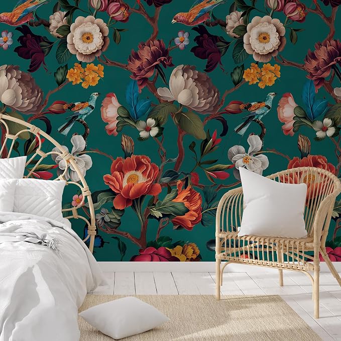 Zeeko Vintage Floral Wallpaper Peel and Stick Large Blue Flower Wall Murals for Bedroom TV Background Wall Paintings Art Deco 148" W x 98" H