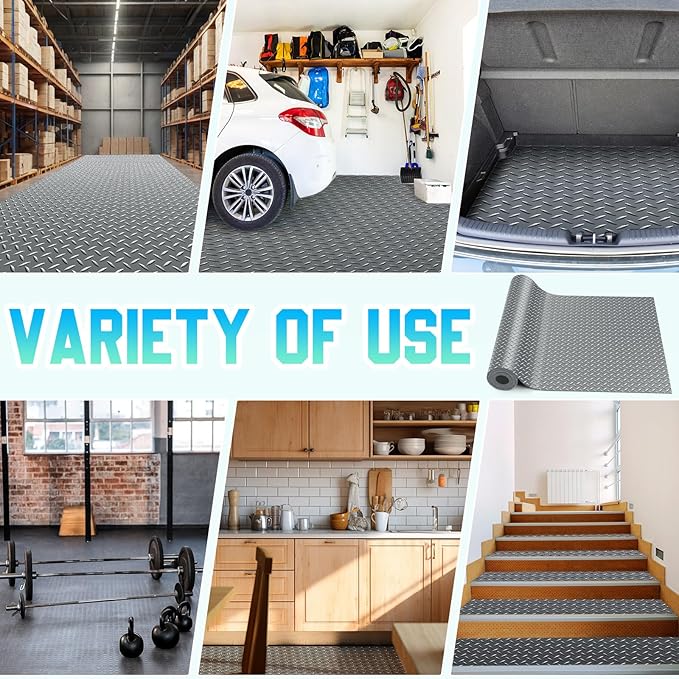 Breling 16 in x 10 ft Rubber Diamond Plate Rolls Garage Floor Mat for Under Car, Heavy Duty Flooring Rug for Trailers Garage, PVC Water/Stain Outside Stall Resistant Parking Rv Tool(Grey)