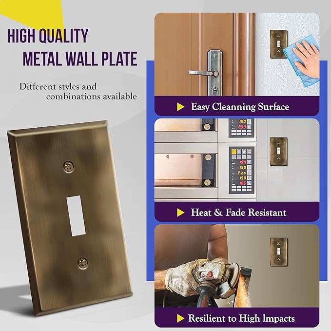 ENERLITES Toggle Light Switch Metal Wall Plate, Stainless Steel Switch Cover, Corrosion Resistant, Standard Size 1-Gang 4.50" x 2.76", Stainless Steel 201, 7711-AB, Antique Brass