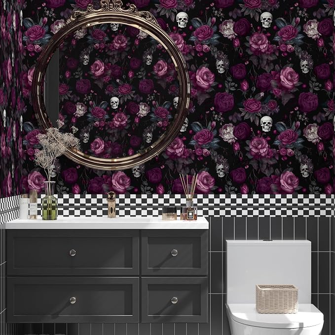 ILHIIOR Black Floral Gothic Peel and Stick Wallpaper 17.5 x 393 Inches | Leaf Removable Self Adhesive Waterproof Contact Paper, Renter Friendly Decor for Cabinets, Drawers & Bedroom Walls