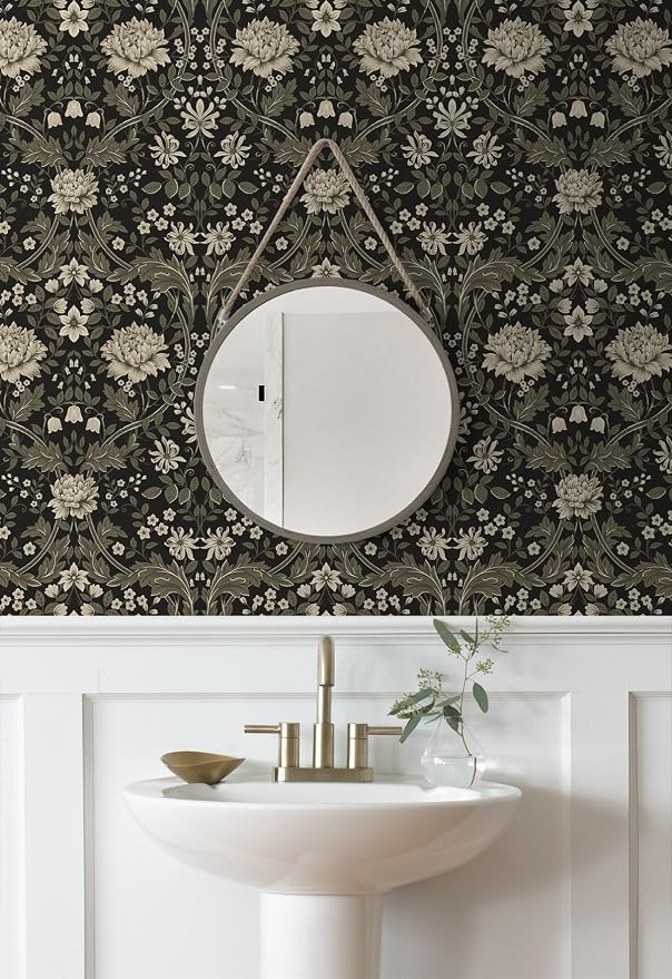 NextWall Honeysuckle Trail Floral Vintage Peel and Stick Wallpaper (Ebony & Pavestone)
