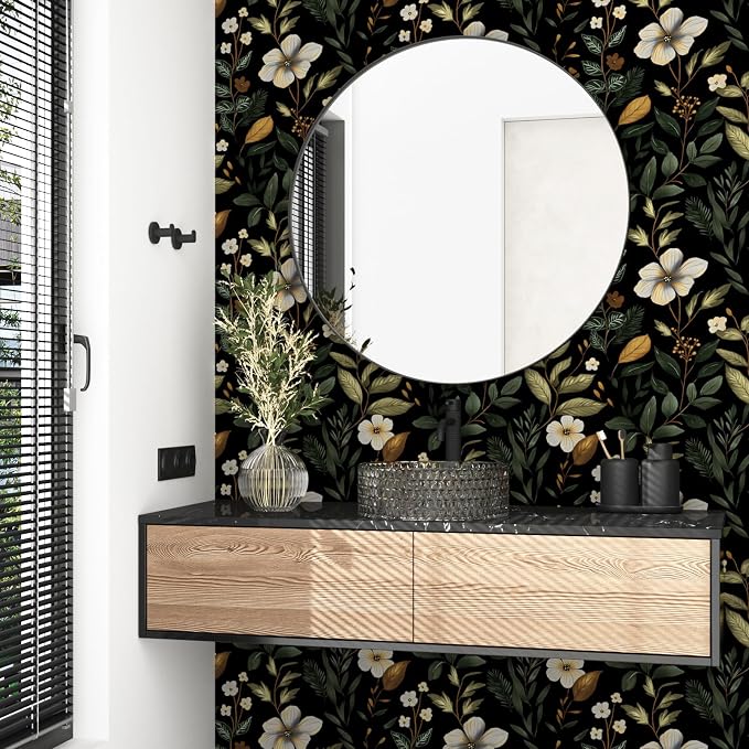 Dark Green Floral Leaf Vintage Wallpaper Peel and Stick 17.5''x118'' | Self Adhesive/Removable/Waterproof/Thick Vinyl Contact Paper for Bathroom Bedroom Shelf Cabinet Drawer,Prepasted,Easy Peel