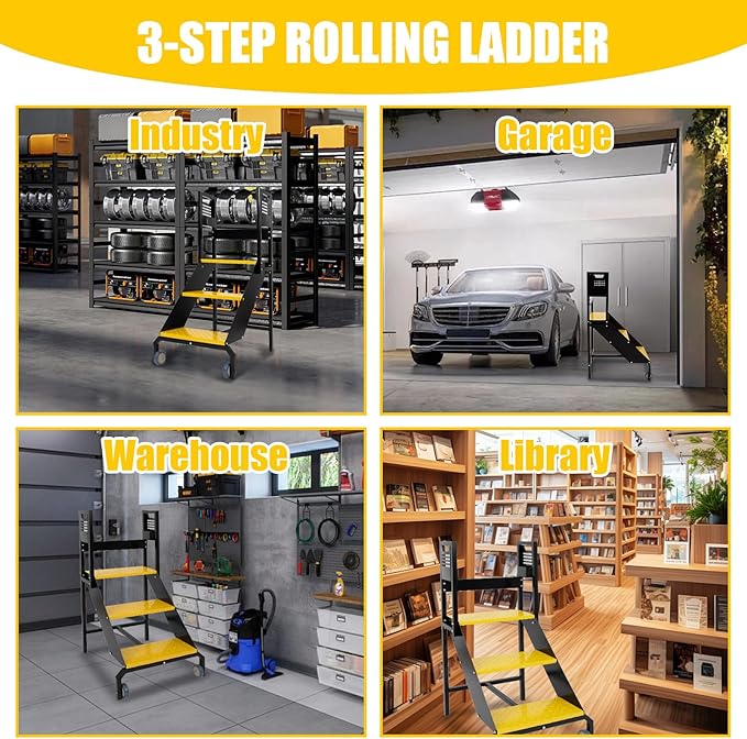 3-Step Steel Ladder with Wheels & Handrails, 440 lbs Load Capacity Heavy Duty Rolling Stairs with Tool Panels, 30" Top Step Height, Non-Slip Pedal Mobile Step Stool for Industrial & Warehouse