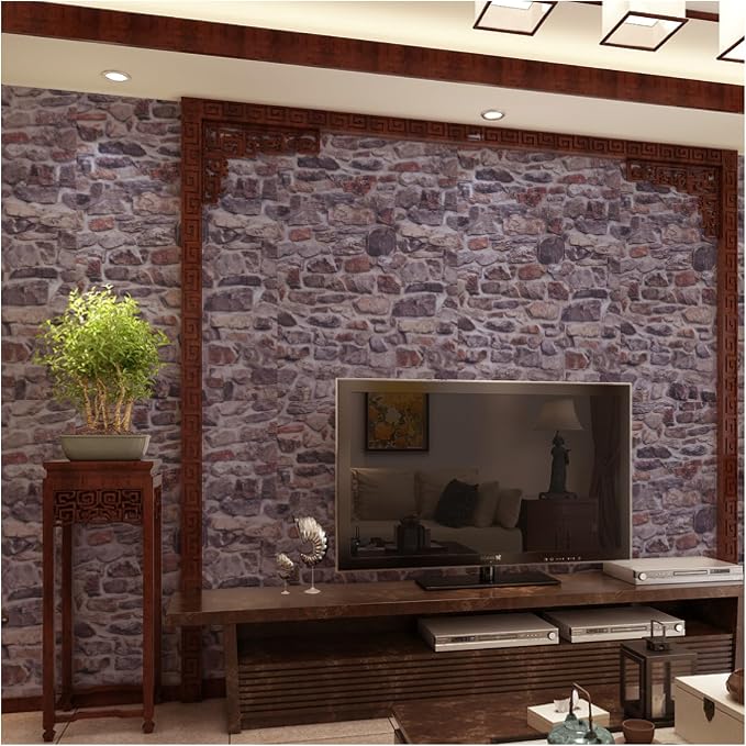 Stone Brick Wallpaper Peel and Stick Backsplash Self-Adhesive Removable Vinyl Pink Faux 3D Stone Look Wall Paper Faux Home Decorations 23.6" X 393"