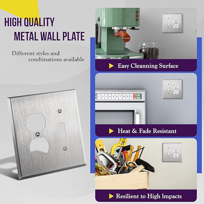 ENERLITES Combination Toggle Light Switch and Duplex Receptacle Outlet Metal Midway Wall Plate, Corrosion Resistant, 2-Gang 4.88" x 4.92", 771121M, 430, UL Listed, Silver, Stainless Steel Mid Size