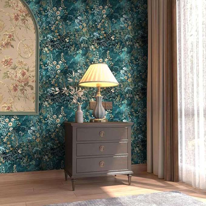 Floral Peel and Stick Wallpaper Teal Contact Paper 17.3in x 393in | Botanical Self Adhesive Wallpaper Vintage Floral Decor Vinyl for Bathroom Cabinets Teal Flower Removable Wall Paper Roll