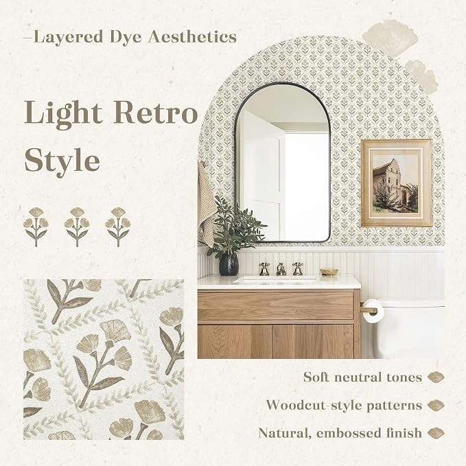Dimoon 17.3''x393'' Peel and Stick Wallpaper Floral Beige Boho Neutral Cute Contact Paper Vintage Village Country Cottage Wallpaper Farmhouse Renter Friendly Geometry Waterproof Kitchen Bedroom