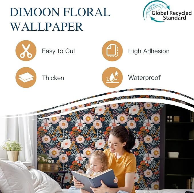 Dimoon Boho Wallpaper Peel and Stick Wallpaper Floral Retro Contact Paper 17.3''x197'' Dark Blue Vintage Bohemian Removable Wall Paper Renter Friendly Waterproof Wall Mural for Bedroom Bathroom Vinyl