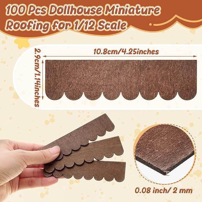 Wenqik 100 Strips Dollhouse Roof Shingles 4.25 x 1.14 Inches Each Mini Fish Scale Wooden Dollhouse Miniature Roofing for 1: 12 Scale Doll House Projects DIY Miniature Landscapes (Brown)