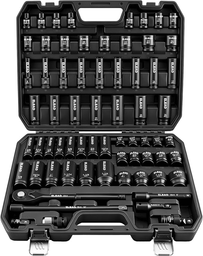 67 Piece 1/2" Drive Deep Impact Socket Set: Standard SAE (3/8"-1-1/4") & Metric (8-24 mm), Including 3 ", 5", 10" Extension Bar, Universal Joint, Ratchet Handle and Adapter