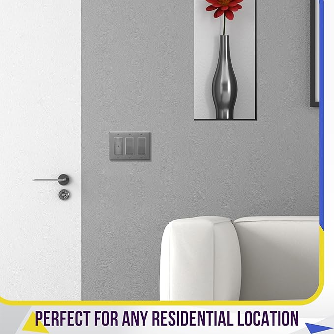 ENERLITES Decorator Wall Plate, Light Switch or Receptacle Outlet Cover, Gloss Finish, Size 3-Gang 4.50" H x 6.38" L, 8833-GY, Gray