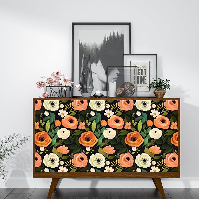 Danodoi Orange Green Vintage Floral Peel and Stick Wallpaper 17.5" x 118" | Waterproof Vinyl Self Adhesive Removable Renter Friendly Floral Contact Paper