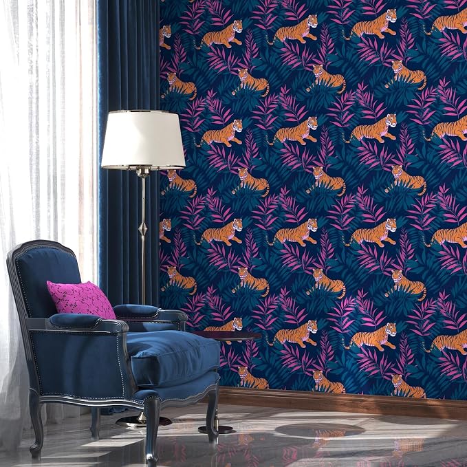 Dark Blue Vintage Tiger Peel and Stick Wallpaper 17.5" x 118" | Waterproof Vinyl Self Adhesive Removable Renter Friendly Floral Contact Paper