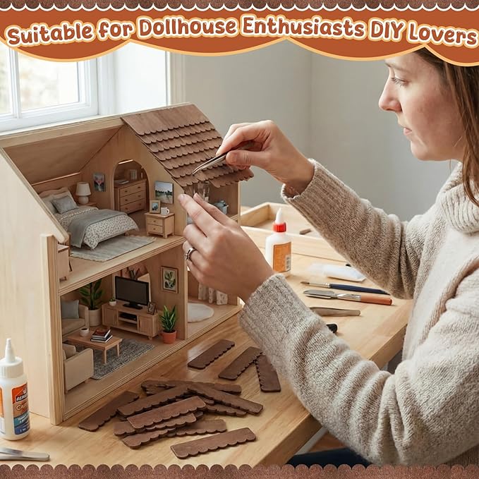 Wenqik 50 Strips Dollhouse Roof Shingles 4.25 x 1.14 Inches Each Mini Fish Scale Wooden Dollhouse Miniature Roofing for 1: 12 Scale Doll House Projects DIY Miniature Landscapes (Brown)