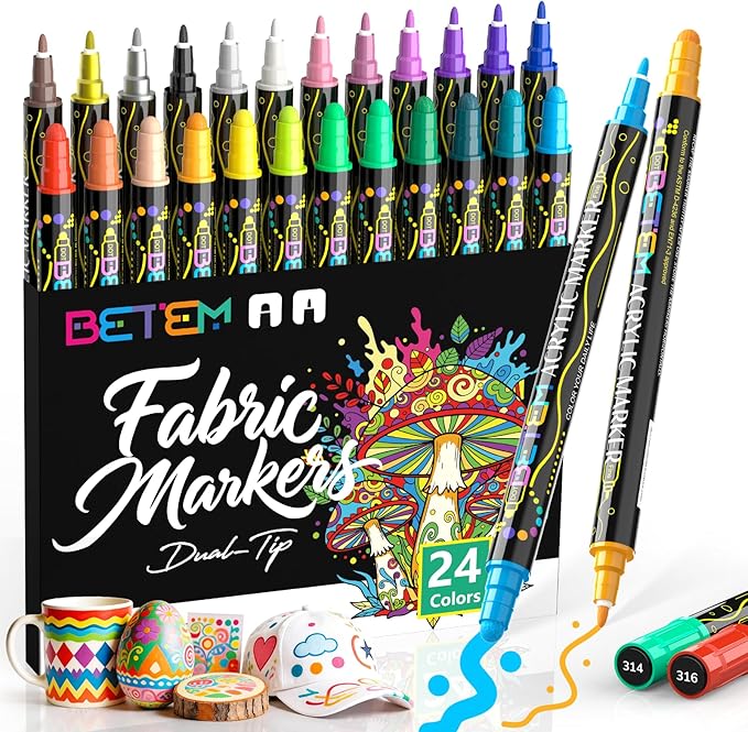 Betem 24 Colors Dual Tip Acrylic Paint Markers, Fabric Decorating Kits Premium Water-Based Acrylic Paint Pens Art Supplies for Fabric, Rock, Wood, Glass, Canvas, Ceramic, Teacher Appreciation Gift
