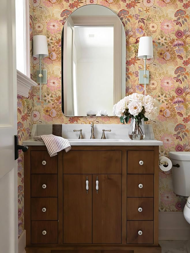 Ismoon Vintage Floral Peel and Stick Wallpaper Deep Beige Pink Contact Paper Jellyfish Starfish Stick on Wall Paper Removable Self Adhesive Vinyl Wallpaper for Bedroom Wall Cabinet Decor 17.3x78.7in