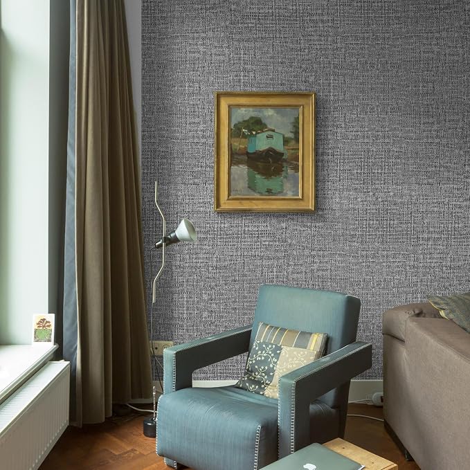 WADILE Grasscloth Peel and Stick Wallpaper 23.6in x 118in, Textured Contact Paper for Cabinets, Faux Linen Wall Paper Pull and Stick, Fabric Vinyl Wallpaper Self Adhesive Dark Gray | Textured contact paper, Faux linen, Vinyl material, Cabinets, Self ad...