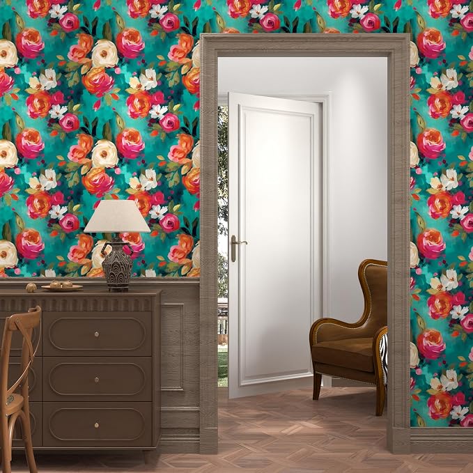 BOKEBEVE Floral Wallpaper Peel and Stick Boho Teal Blue 17.5 x 196In | Removable Self Adhesive Renter Friendly Vibrant Watercolor Wall Paper for Bedroom Bathroom Living Room Feature Accent Wall