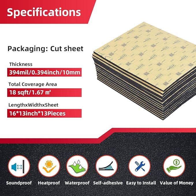 Sound Deadening Mat 394mil(10 mm) 18.47sqft - Car Sound Deadening Material Closed Cell Foam - Heat Insulation PE Foam Sound Deadener Material & Heat Barrier