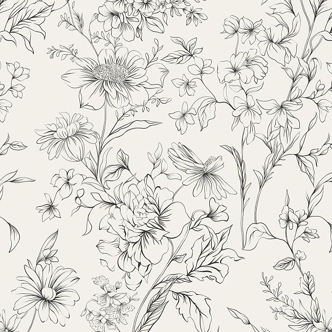 Hopepak 17.3''x394'' Black and Cream White Floral Wallpaper Peel and Stick Wall Paper for Bedroom Self Adhesive Removable Contact Paper Waterproof for Bathroom