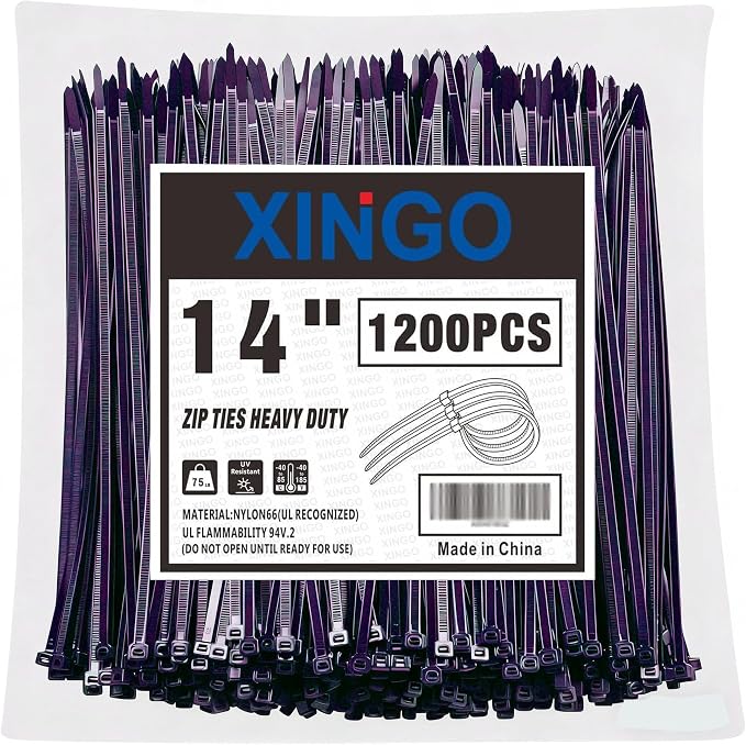 XINGO 14 Inch Purple Zip Ties 1200 PCS, 75 LBS Tensile Strength, UV Resistant Cable Ties, Self-locking Plastic Ties for Indoor and Outdoor Use