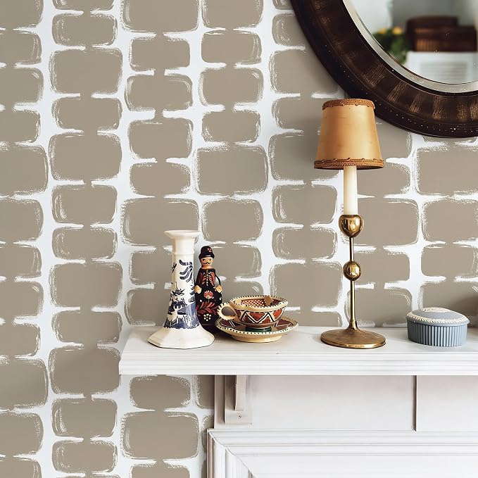 Safiyya Peel and Stick Wallpaper Mid Century Modern Abstract Contact Paper Geometric Wall Paper Self Adhesive Removable Wallpaper for Bathroom and Bedroom Vinyl 17.3"x78.7" Light Brown and White