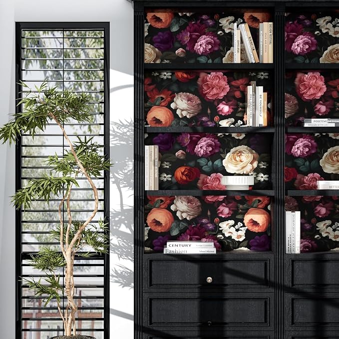 Fvlow Colorful Flower Dark Floral Peel and Stick Wallpaper 17.4" x 394" | Renter Friendly, Removable & Waterproof, Vinyl Easy Install for Bedrooms, Bathrooms, Kitchens, Cabinets and Home Decor