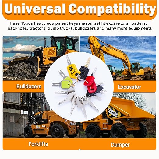 13 Contractors Heavy Equipment Keys Master Set, Construction Agricultural Equipment Ignition Keys for CAT Caterpillar Komatsu JD Lucas New Holland Bobcat JCB Case Hitachi Hyster Takeuchi Kobelco
