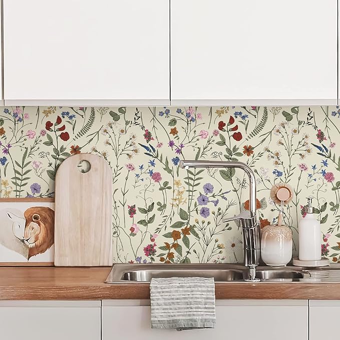 Wallpaper Self-Adhesive Blooming Vintage Colourful Flowers Wall Paper for Bedroom Living Room Cabinet, Peel and Stick Beige Sketch Little Flowers Wallpaper Mural 47.36 sq. feet (393.7"x17.3")
