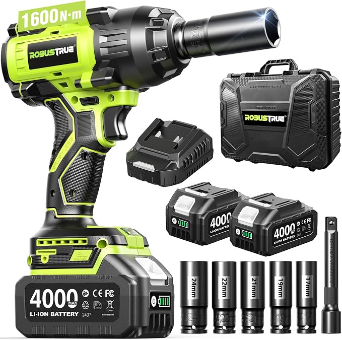 1600N.m (1180ft-lbs) Cordless Impact Wrench, 1/2 High Torque Brushless Impact Gun, 2400RPM Power, 2 x 4.0Ah Batteries, Fast Charger, Impact Wrench for Heavy Duty Truck RV Mower