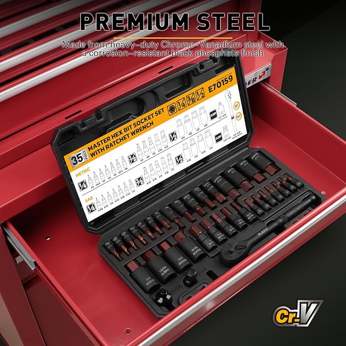 35-Piece Master Hex Bit Socket Set, 1/4", 3/8", 1/2" Drive Allen Socket Set H2-H19, 5/16"-3/4", Premium CR-V & S2 Alloy Steel, Ratchet Wrench, Sockets Adapter, High Torque for Automotive Mechanic
