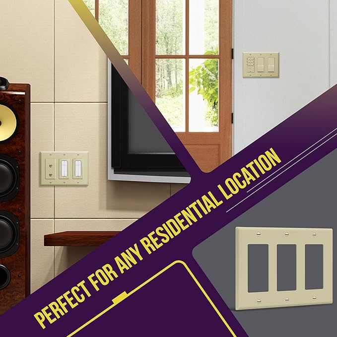 ENERLITES Decorator Light Switch or Receptacle Outlet Wall Plate, Gloss Finish, Size 3-Gang 4.50" x 6.38", Unbreakable Polycarbonate Thermoplastic, UL Listed, 8833-I, Ivory