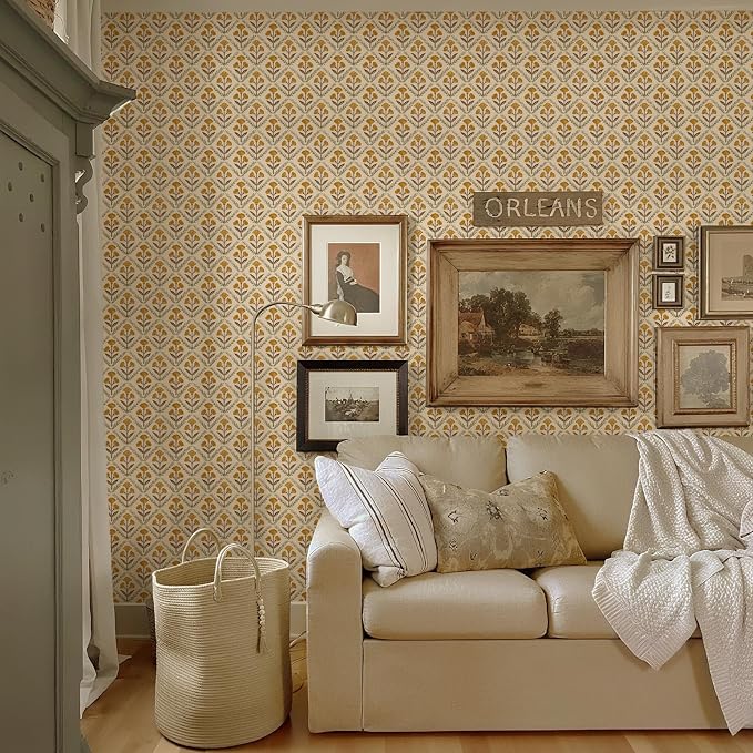 Dimoon 17.3''x197'' Peel and Stick Wallpaper Floral Cute Contact Paper Vintage Village Country Cottage Wallpaper Farmhouse Yellow Beige Renter Friendly Geometry Waterproof Embossed Kitchen Bedroom